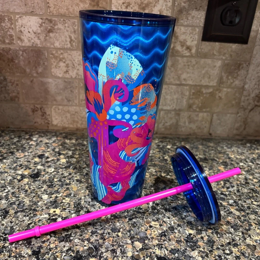 Starbucks Blue Wave Under the Sea Floral Holographic Cold Cup Tumbler Venti 24oz